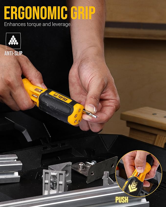 Multi-Bit Magnetic Ratcheting Screwdriver, with 6PCS Double-Ended Bits in Handle, including PH, SL SQ, Hex and Torx Bit, TPR Ergonomic Anti-Slip Handle, Ratchet Screwdriver Set
