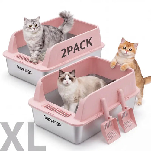 Topyangs XL Stainless Steel Litter Box – 2-Pack, High Wall, Non-Sticky & Easy-to-Clean – Metal Litter Box for Multiple Cats
