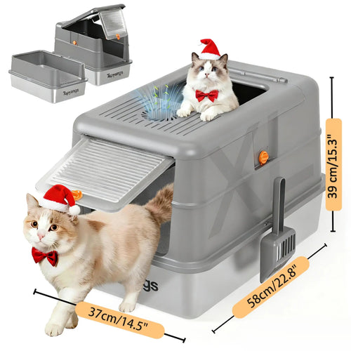 Topyangs XL Stainless Steel Litter Box – High Sides with Lid, Splash-Proof, Non-Stick & Easy-Clean – Spacious Design for Cats