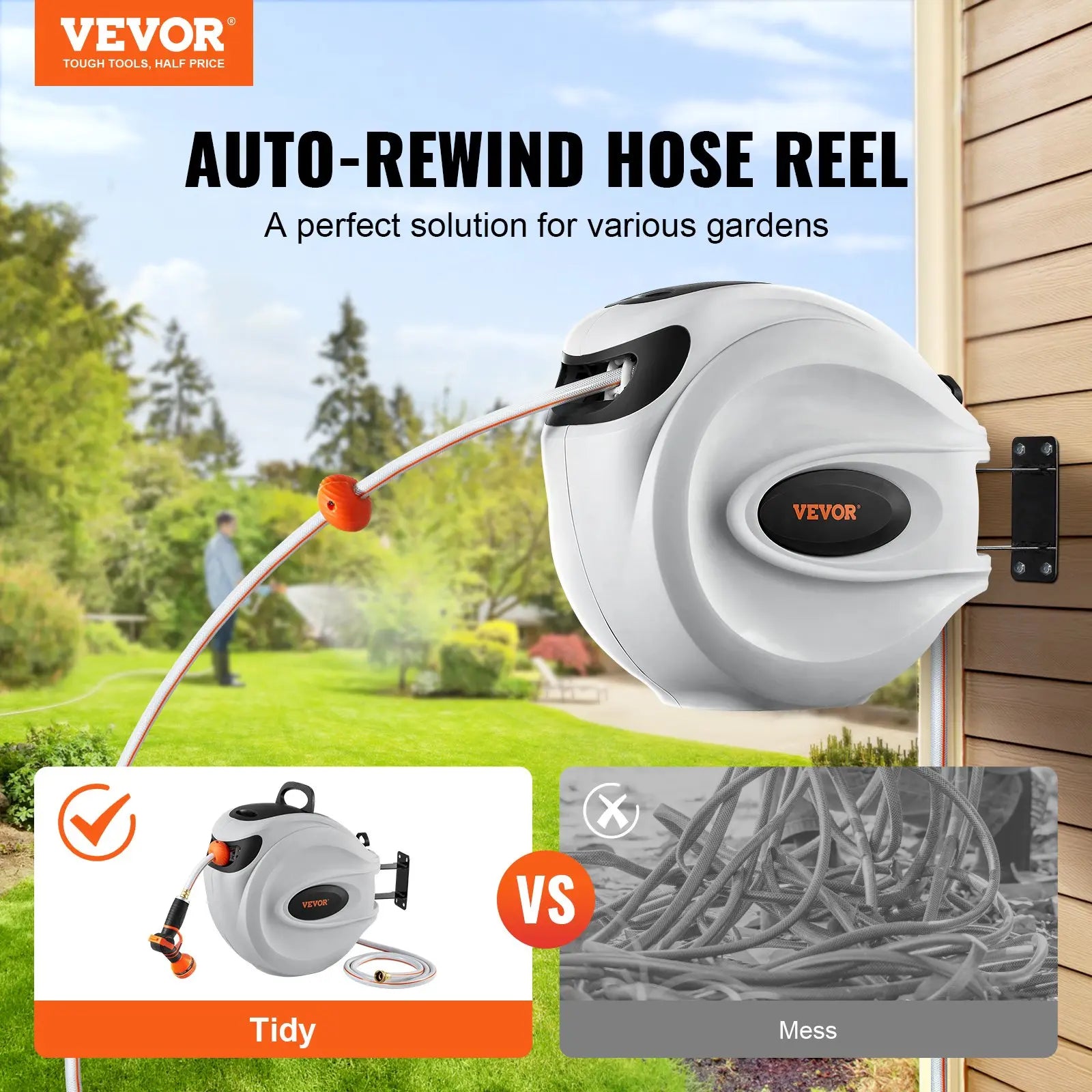 【fathersdaygift】VEVOR Retractable Hose Reel – 100'x1/2" with 180° Swivel & 9-Pattern Nozzle, Automatic Rewind, Lock at Any Length, Slow Return System – Garden Irrigation Accessory