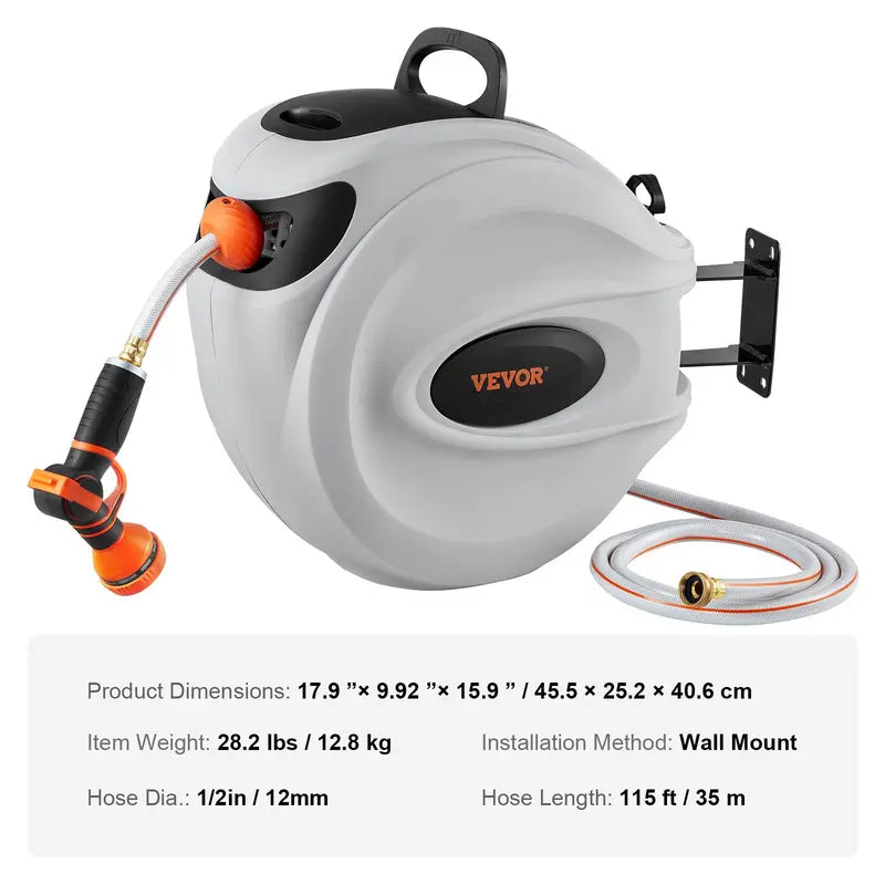 【fathersdaygift】VEVOR Retractable Hose Reel – 100'x1/2" with 180° Swivel & 9-Pattern Nozzle, Automatic Rewind, Lock at Any Length, Slow Return System – Garden Irrigation Accessory