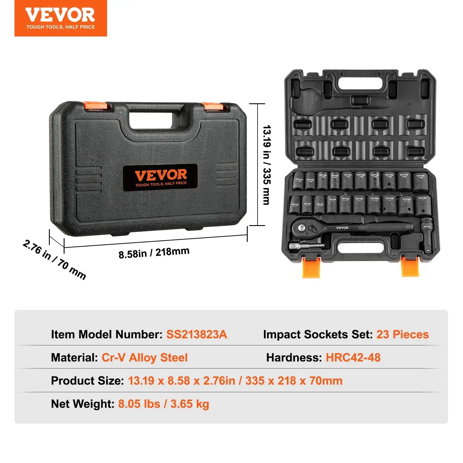 VEVOR Drive Impact Socket Wrench Set – Cr-V Alloy Steel, Rugged Construction, Easy-to-Read Size Markings, Storage Case – Auto Repair & Mechanic Tools