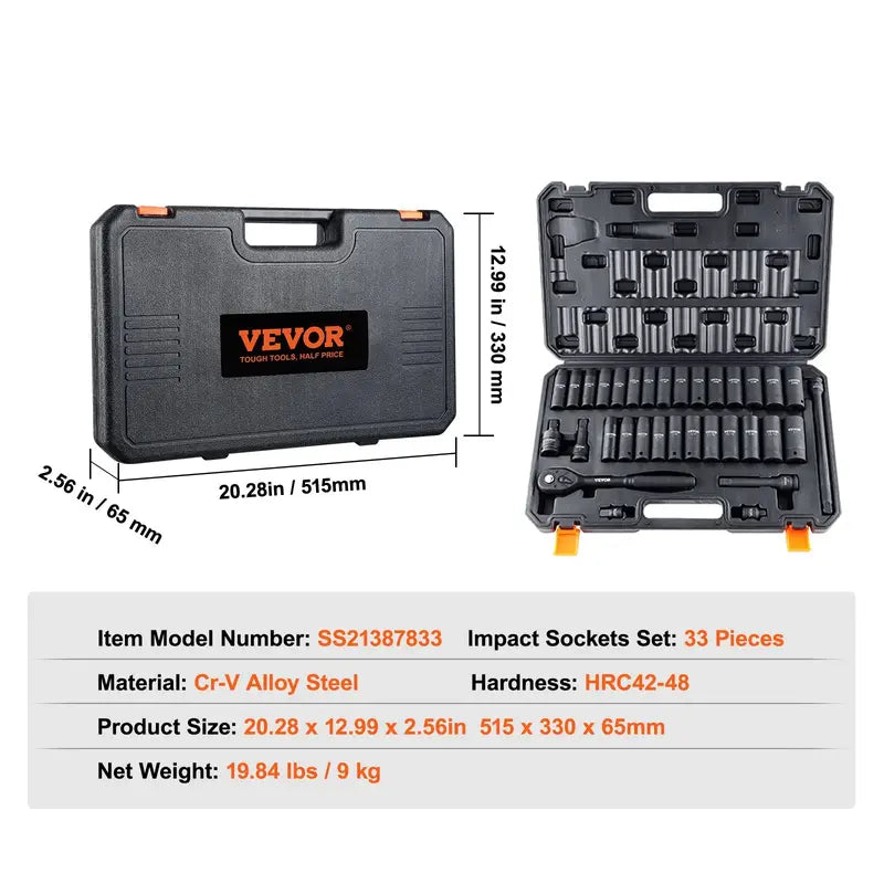 VEVOR Drive Impact Socket Wrench Set – Cr-V Alloy Steel, Rugged Construction, Easy-to-Read Size Markings, Storage Case – Auto Repair & Mechanic Tools