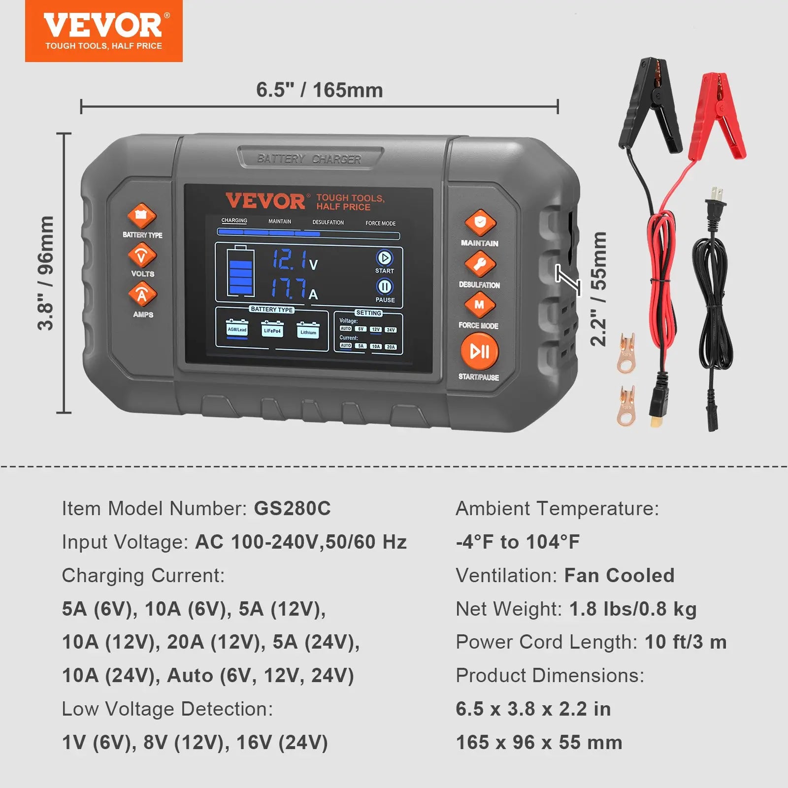 VEVOR Smart Battery Charger – LCD Display, for Lithium & Lead-Acid Batteries, Trickle Charger Maintainer with Desulfator – Perfect for Boat, Motorcycle & Lawn Mower