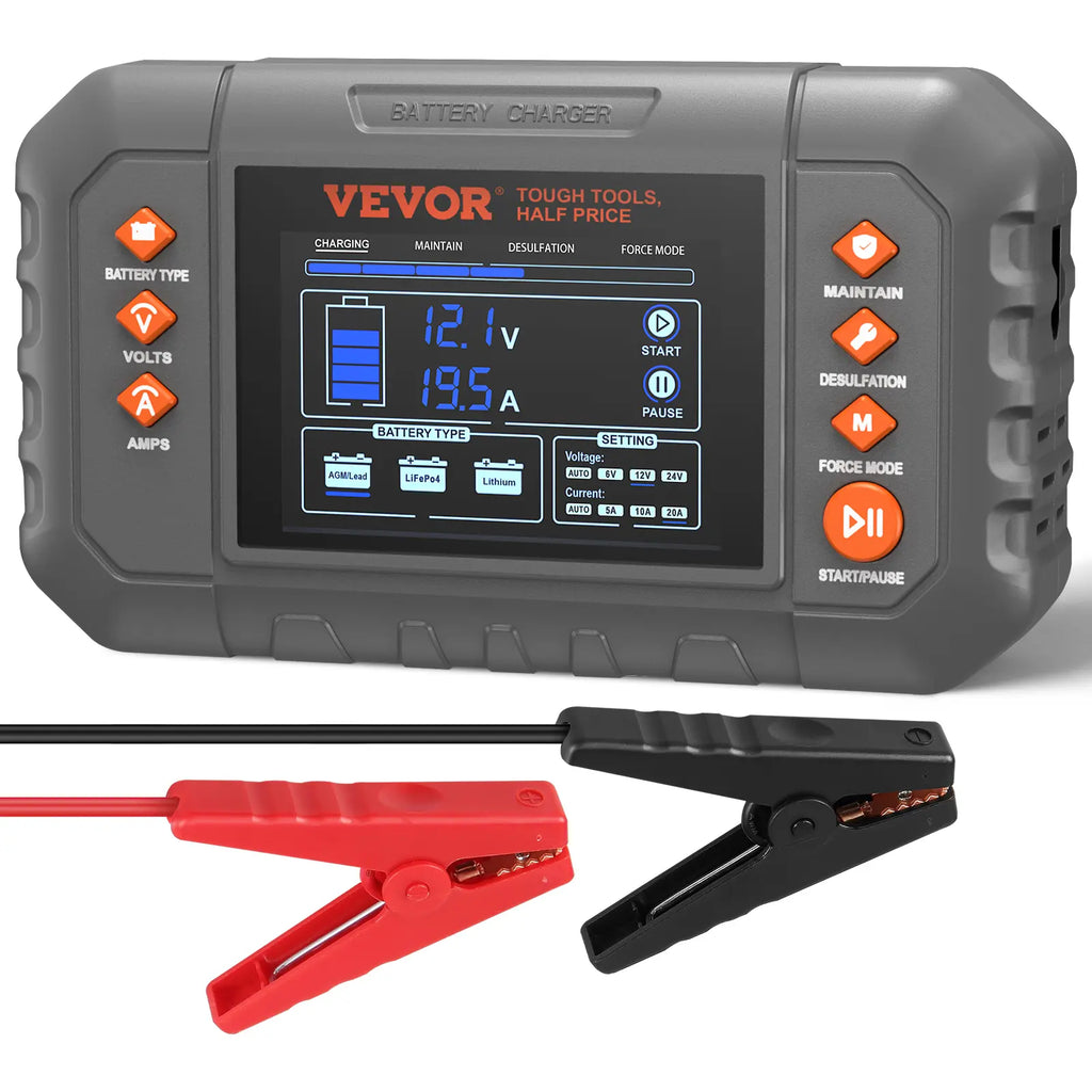 VEVOR Smart Battery Charger – LCD Display, for Lithium & Lead-Acid Batteries, Trickle Charger Maintainer with Desulfator – Perfect for Boat, Motorcycle & Lawn Mower