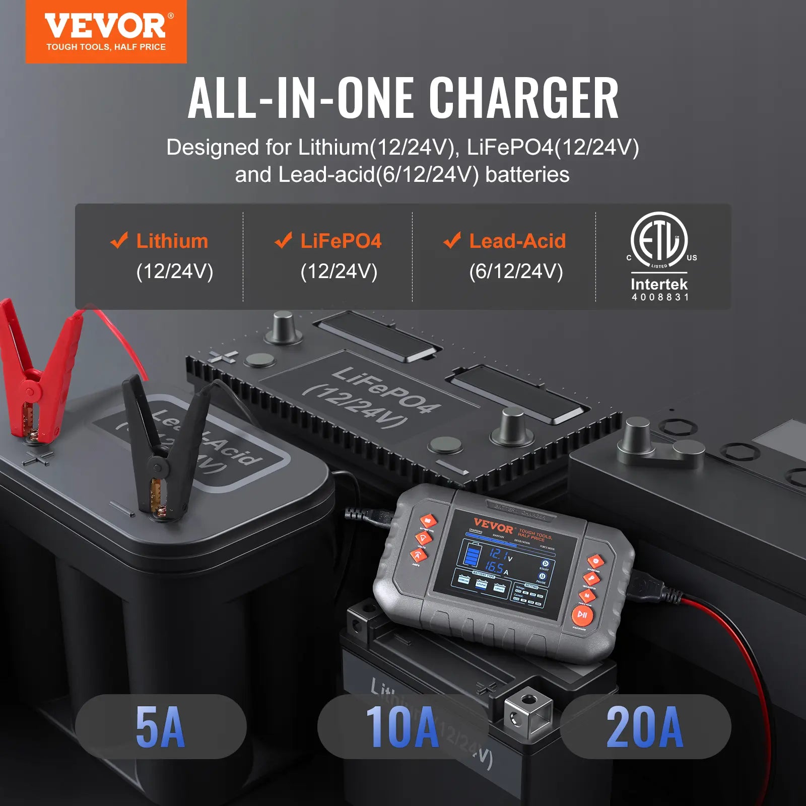 VEVOR Smart Battery Charger – LCD Display, for Lithium & Lead-Acid Batteries, Trickle Charger Maintainer with Desulfator – Perfect for Boat, Motorcycle & Lawn Mower
