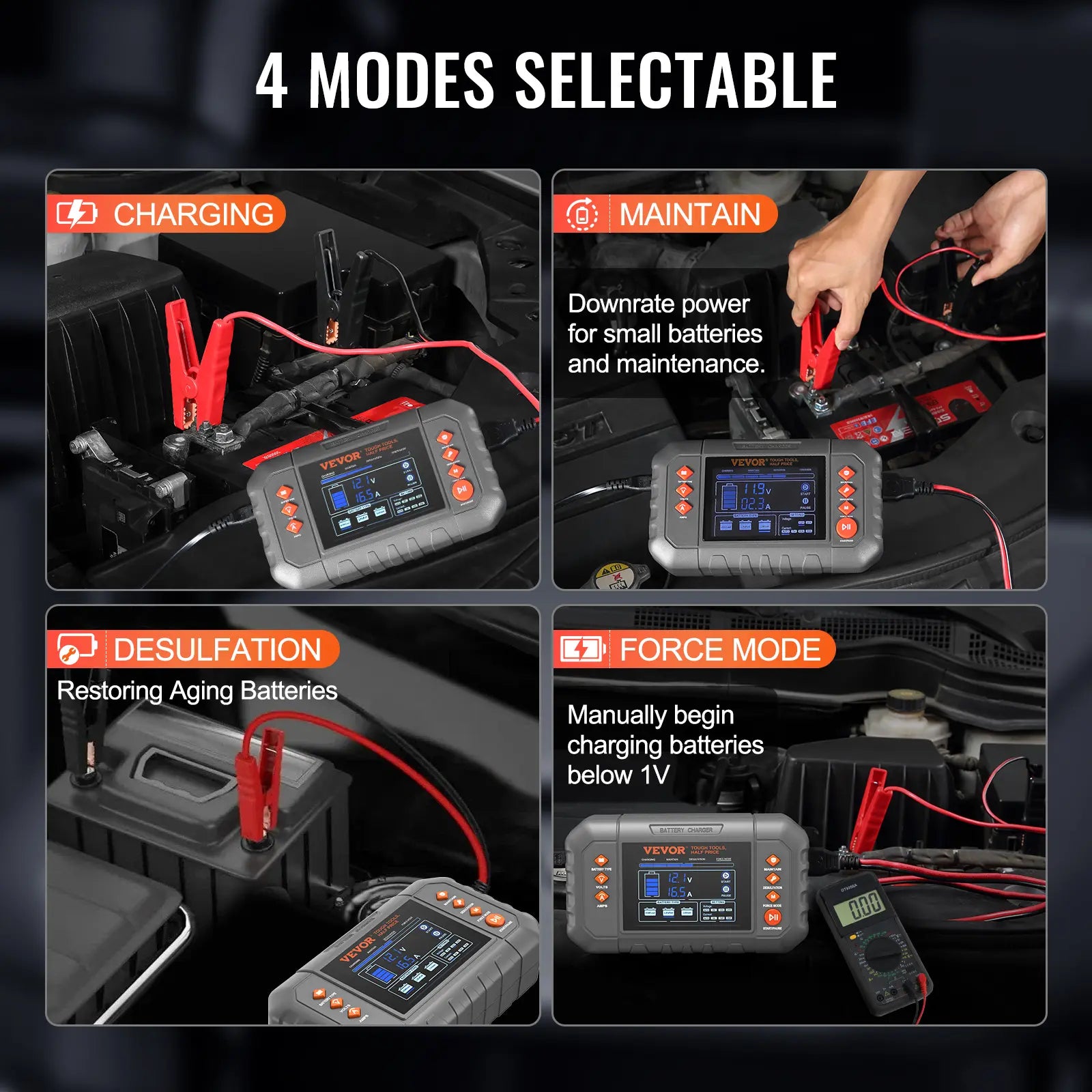 VEVOR Smart Battery Charger – LCD Display, for Lithium & Lead-Acid Batteries, Trickle Charger Maintainer with Desulfator – Perfect for Boat, Motorcycle & Lawn Mower