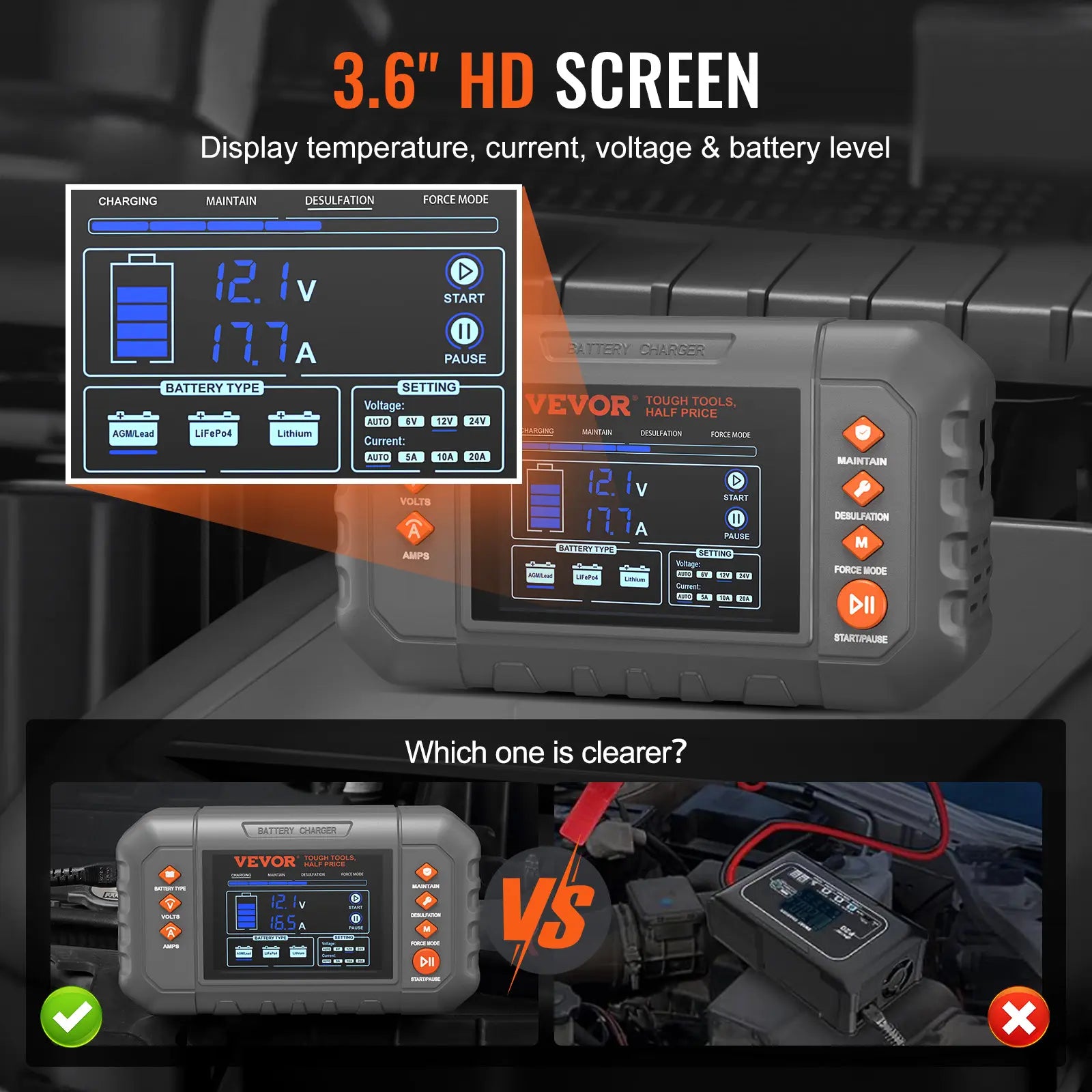 VEVOR Smart Battery Charger – LCD Display, for Lithium & Lead-Acid Batteries, Trickle Charger Maintainer with Desulfator – Perfect for Boat, Motorcycle & Lawn Mower