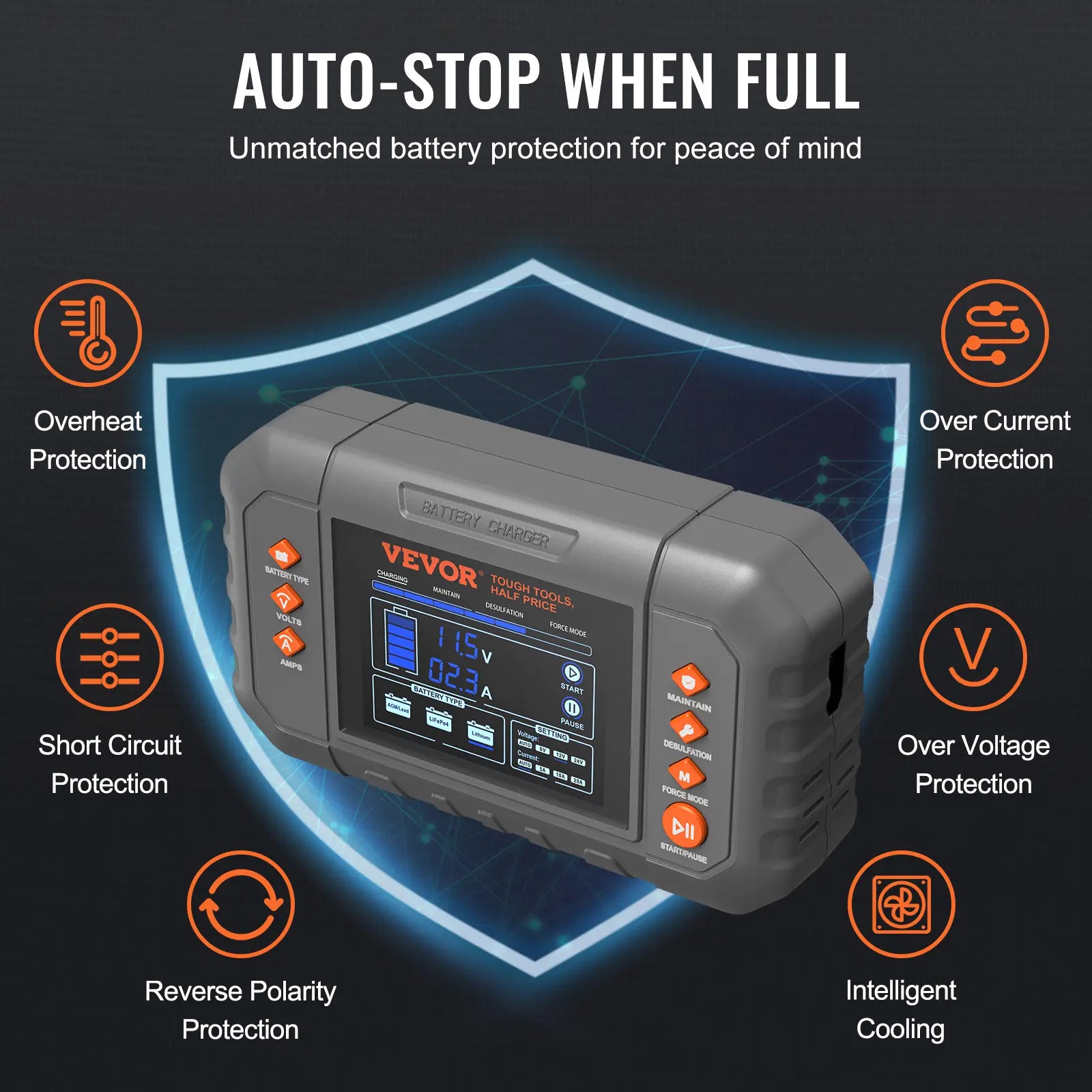 VEVOR Smart Battery Charger – LCD Display, for Lithium & Lead-Acid Batteries, Trickle Charger Maintainer with Desulfator – Perfect for Boat, Motorcycle & Lawn Mower