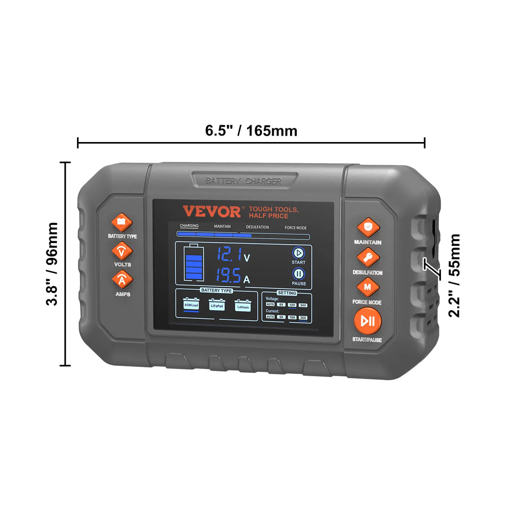 VEVOR Smart Battery Charger – LCD Display, for Lithium & Lead-Acid Batteries, Trickle Charger Maintainer with Desulfator – Perfect for Boat, Motorcycle & Lawn Mower