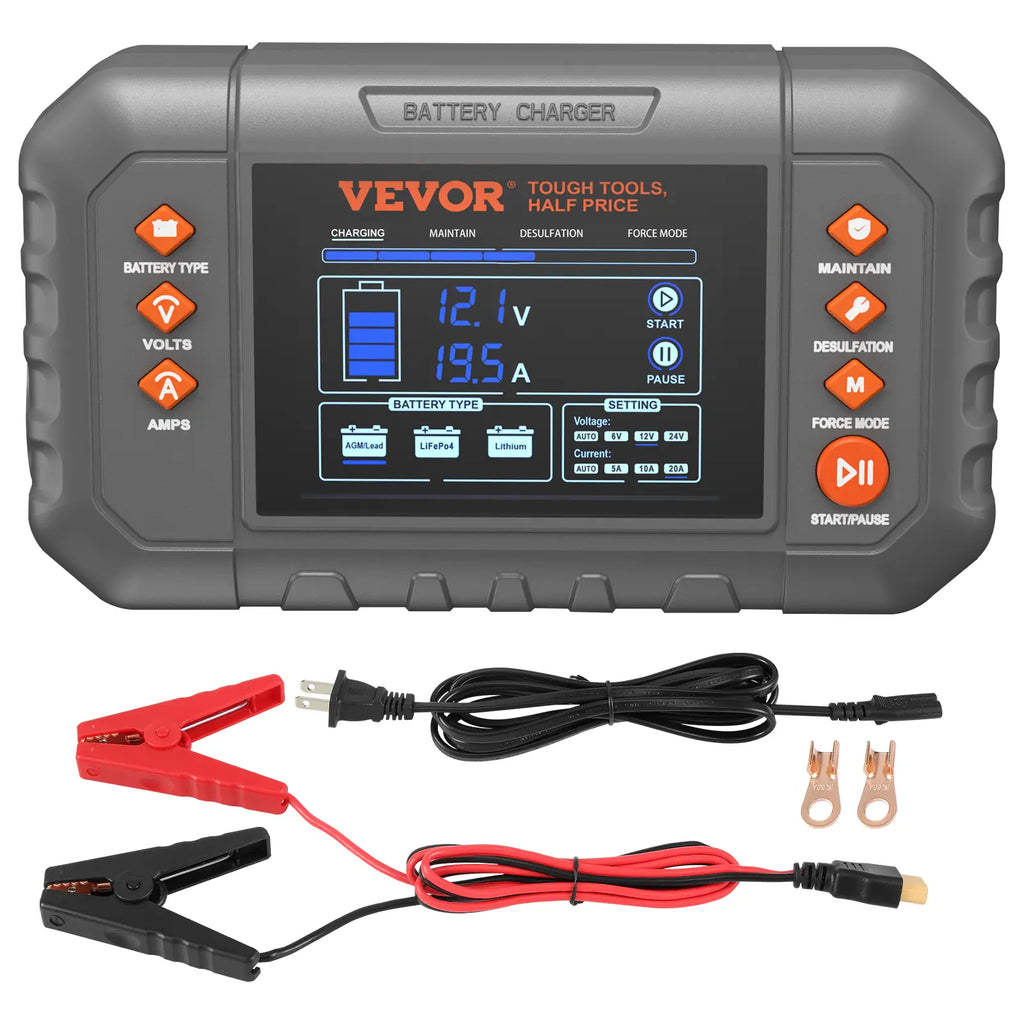 VEVOR Smart Battery Charger – LCD Display, for Lithium & Lead-Acid Batteries, Trickle Charger Maintainer with Desulfator – Perfect for Boat, Motorcycle & Lawn Mower
