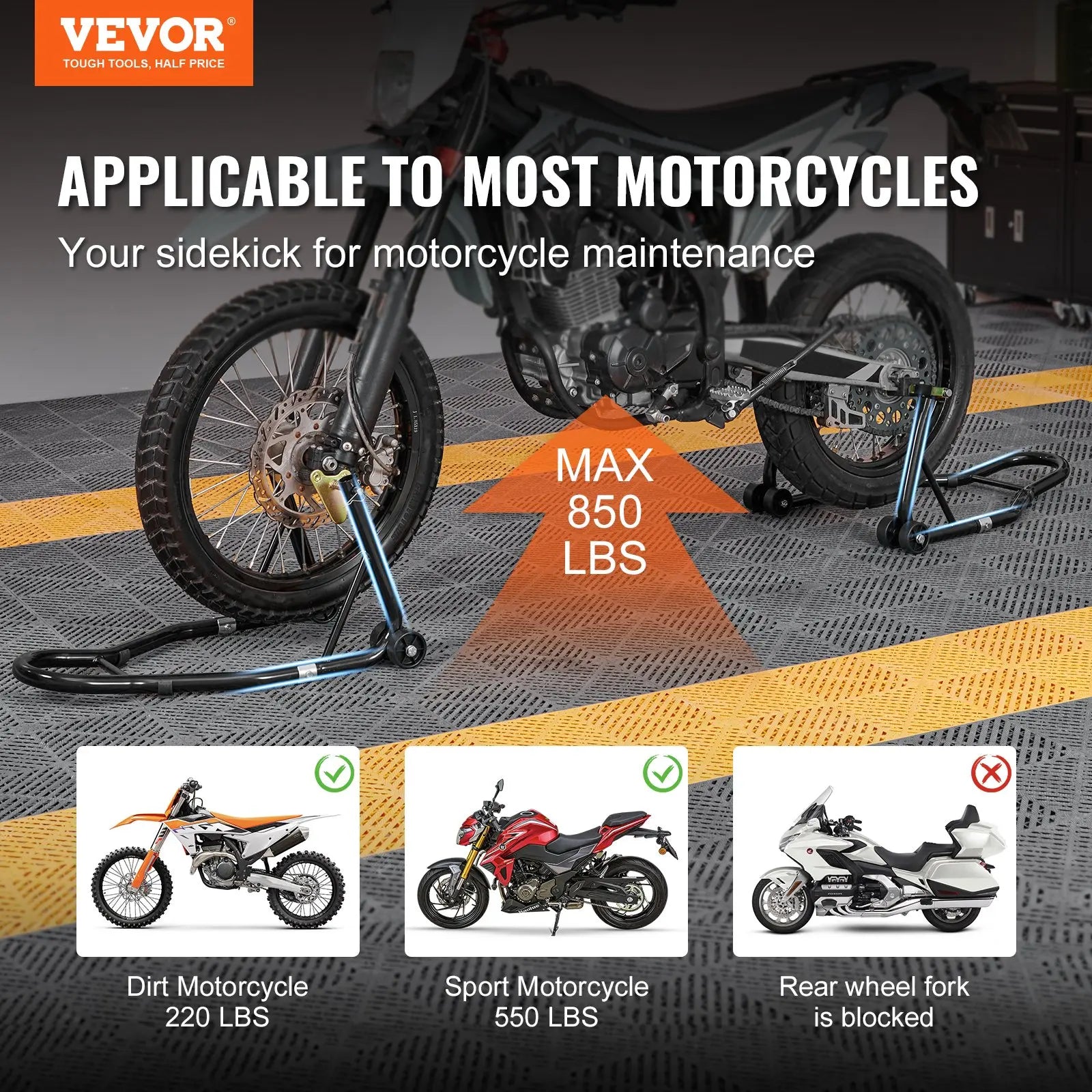 VEVOR Motorcycle Stand – 850 lbs Combo Lift for Front & Rear Wheel, Dual-Fork Front & Swingarm Spool Rear – Compatible with Yamaha, Honda, Kawasaki, Suzuki Sportbikes – Red