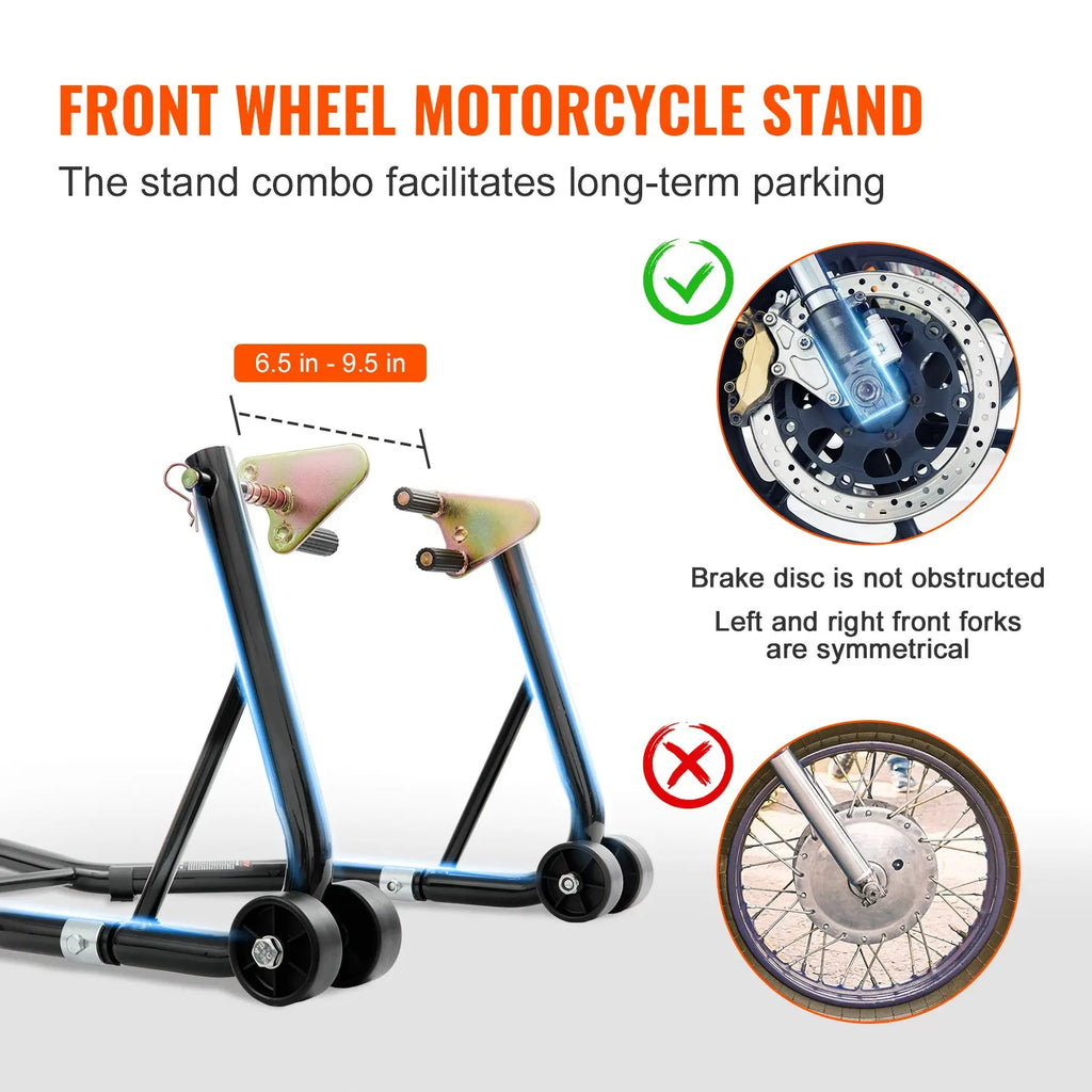 VEVOR Motorcycle Stand – 850 lbs Combo Lift for Front & Rear Wheel, Dual-Fork Front & Swingarm Spool Rear – Compatible with Yamaha, Honda, Kawasaki, Suzuki Sportbikes – Red