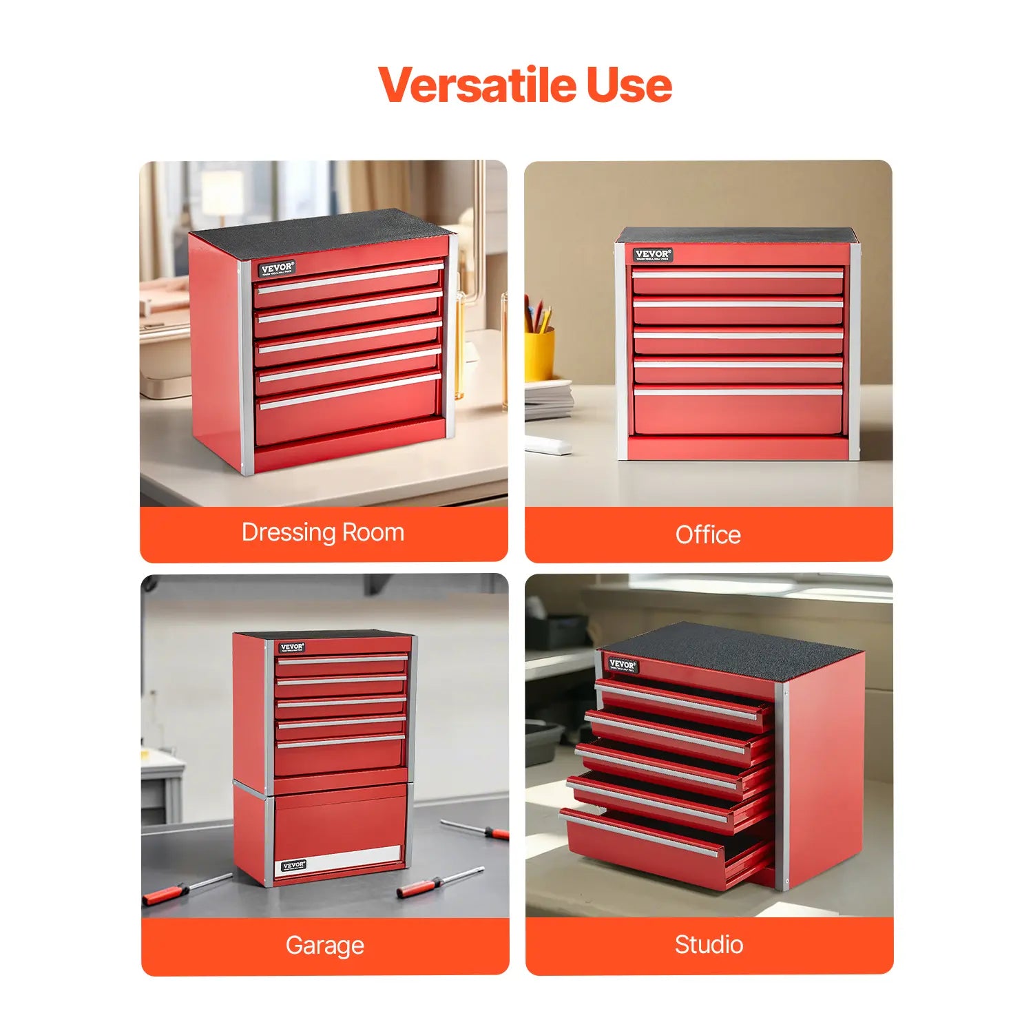 VEVOR Metal Tool Box – 8.6-Inch Portable 5-Drawer Tool Chest, EVA Liners & PP Feet Pads, Heavy-Duty Steel with Ball Bearing Slides & Powder Coated Finish – Red