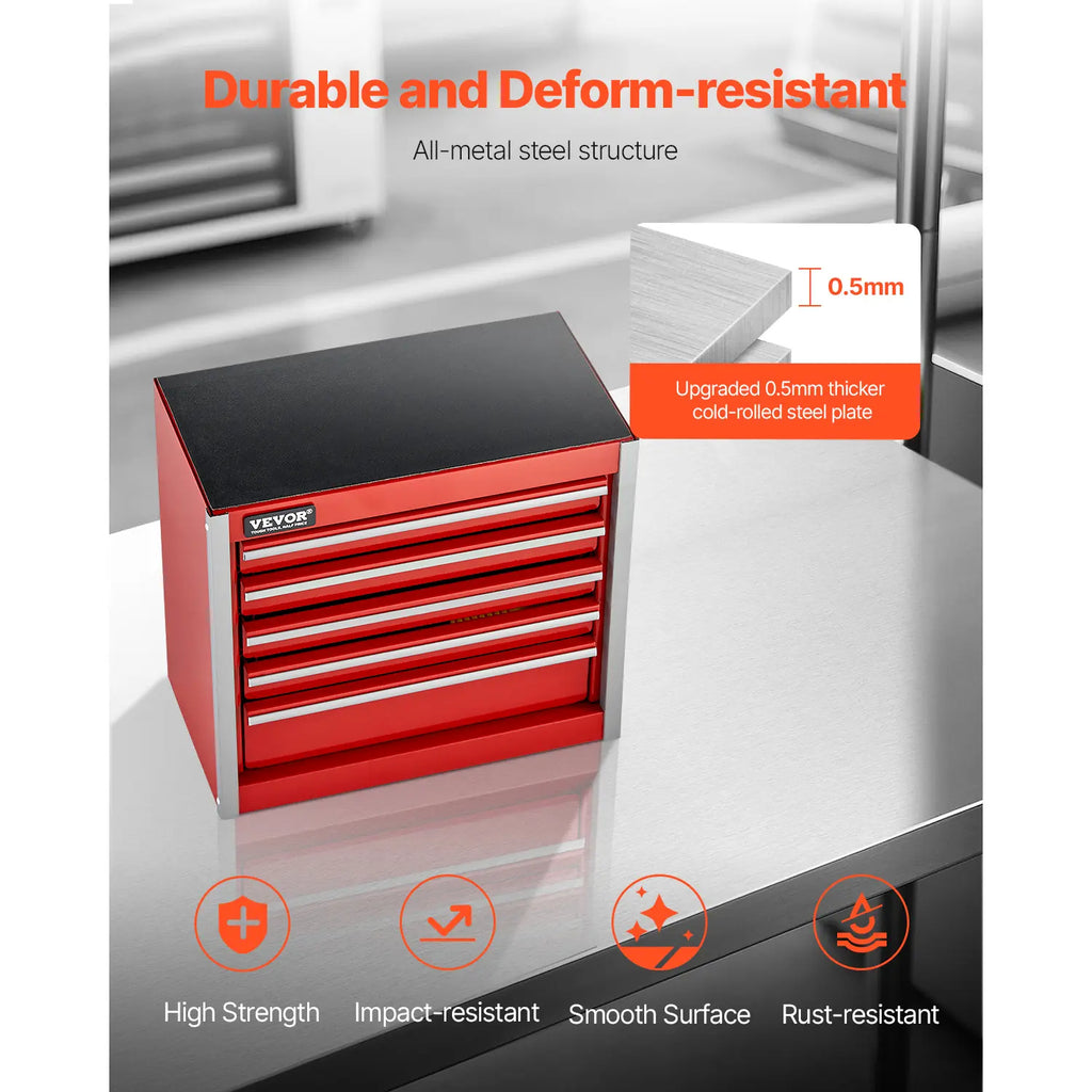 VEVOR Metal Tool Box – 8.6-Inch Portable 5-Drawer Tool Chest, EVA Liners & PP Feet Pads, Heavy-Duty Steel with Ball Bearing Slides & Powder Coated Finish – Red