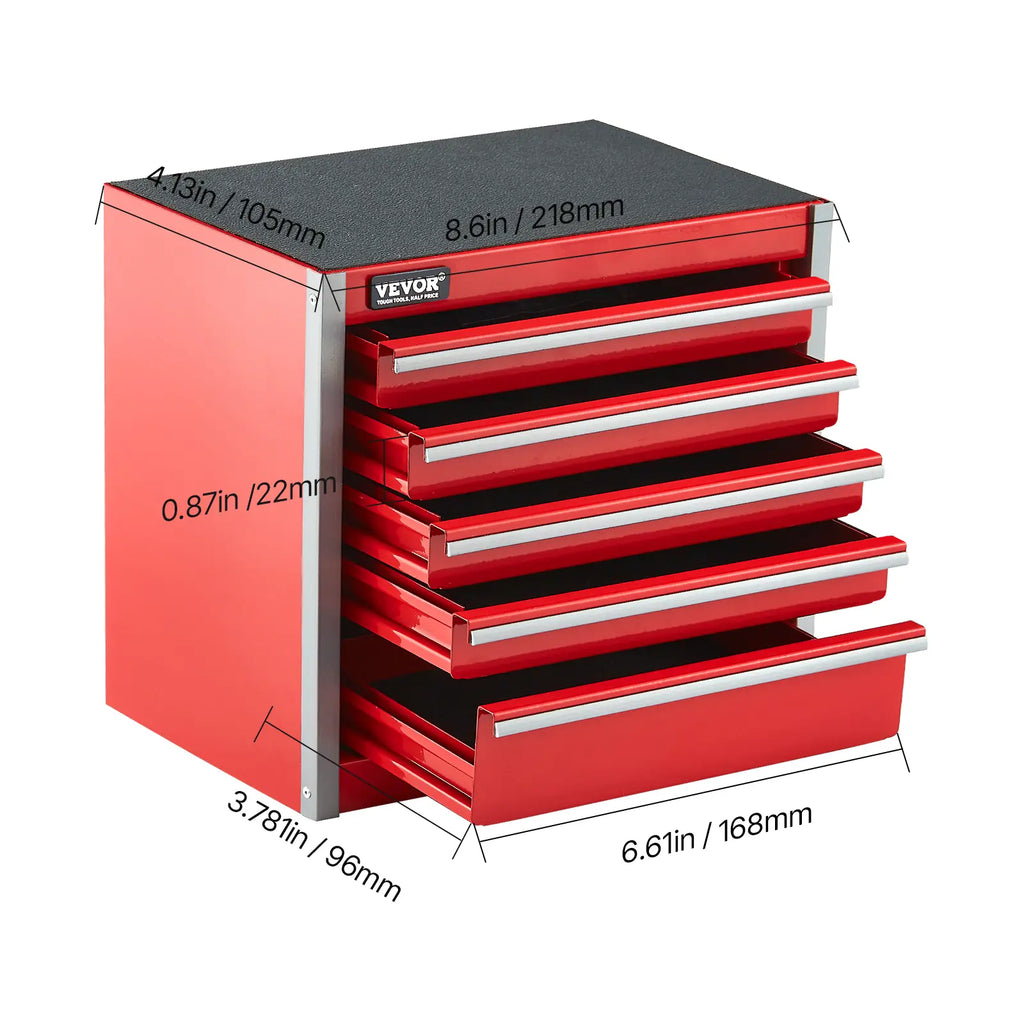 VEVOR Metal Tool Box – 8.6-Inch Portable 5-Drawer Tool Chest, EVA Liners & PP Feet Pads, Heavy-Duty Steel with Ball Bearing Slides & Powder Coated Finish – Red